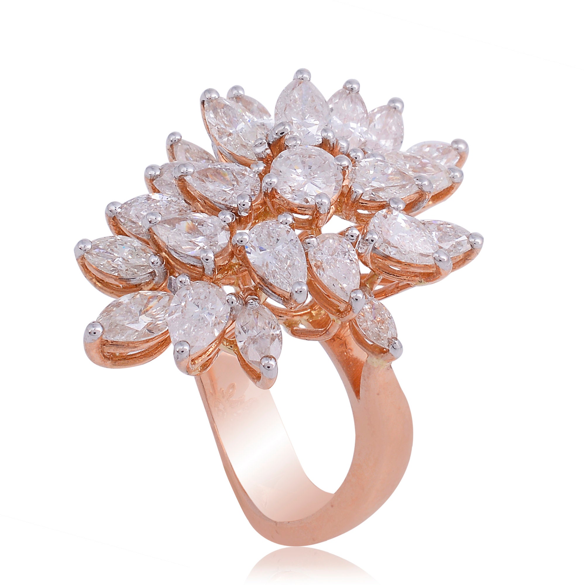 Solid 18K Rose Gold Diamond Cocktail Ring Natural 3.35 Ct. Hi/Si Marquise Pear Round Cut Handmade Fashion Fine Jewelry