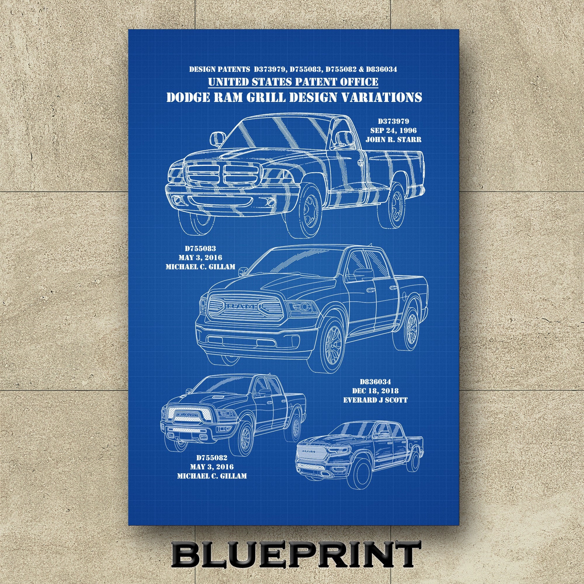Dodge Ram Grill Patent Print, Poster, Montage, Art, Automobile Decor, Truck Art Gift, P688