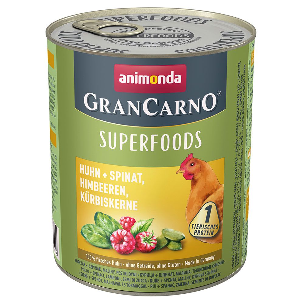 Animonda GranCarno Superfoods Adult 24 x 800g - Chicken, Spinach, Raspberries & Pumpkin Seeds