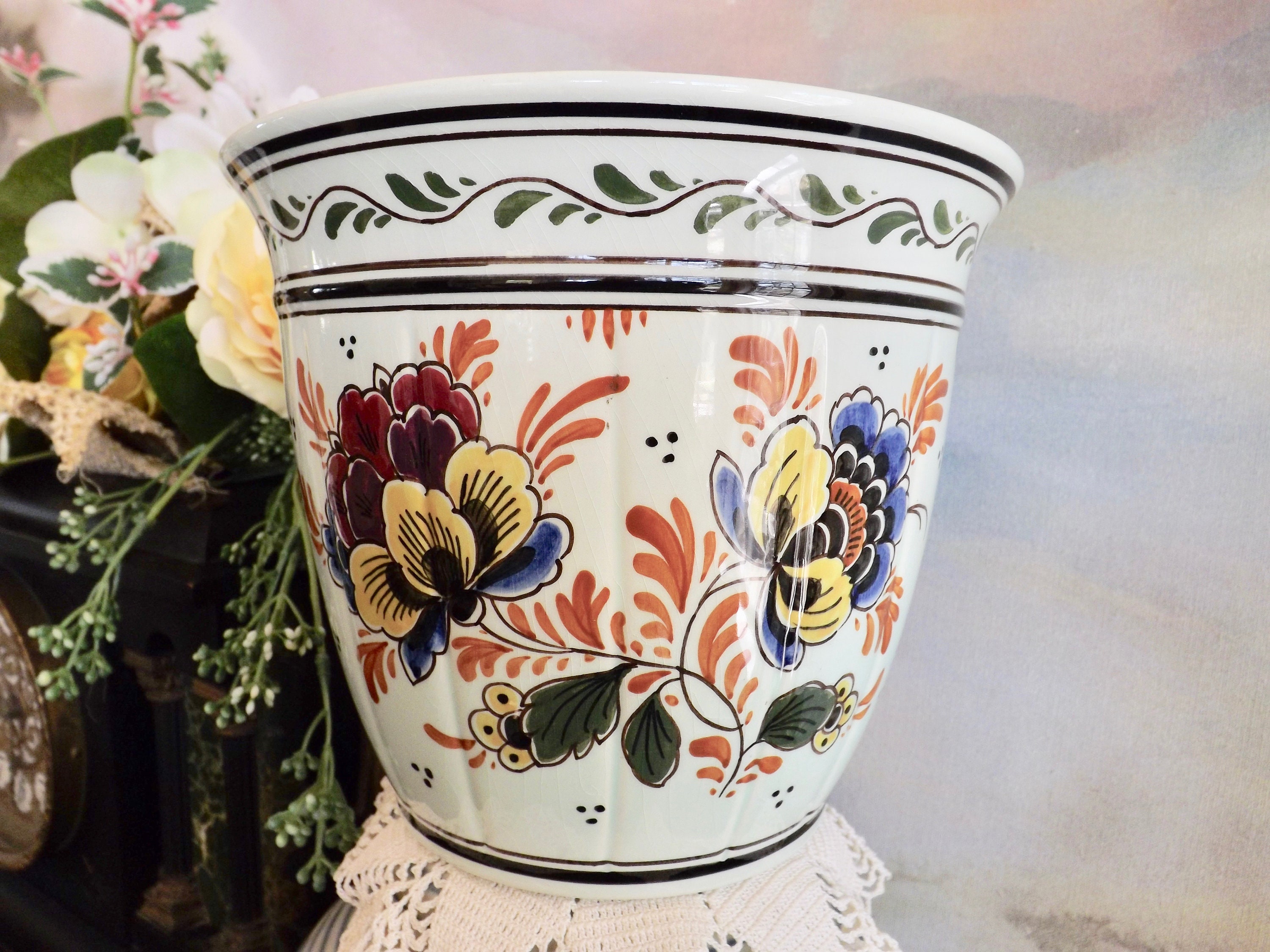 Vintage Delft Cachepot Polychrom Hand Painted Ram Mark Made in Holland Colorful Floral Dutch Vase Pot