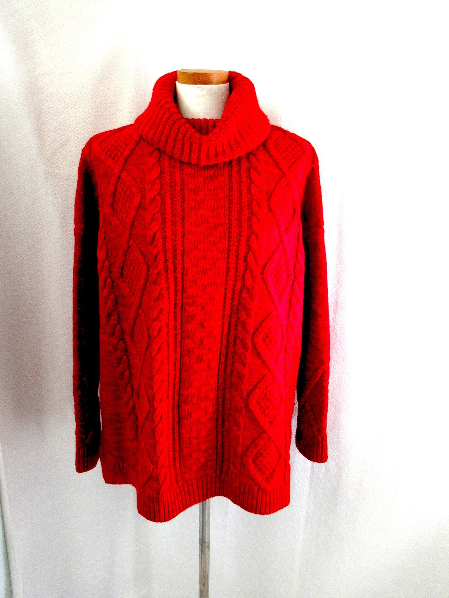 Vintage Long Red Cotton Blend Cable Sweater, Xl Lands End Winter Holiday