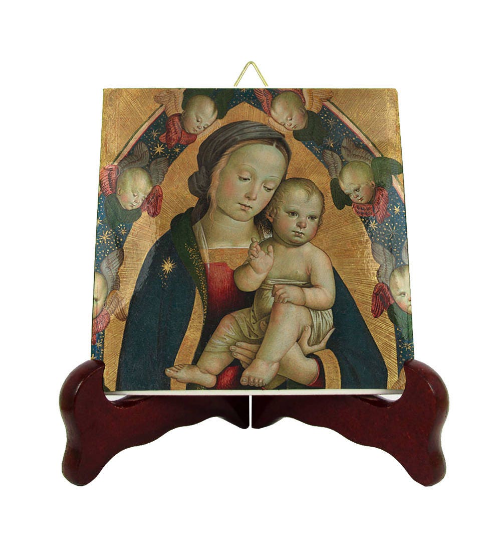 Religious Art - Virgin & Child in A Mandorla With Cherubim Religious Icon On Ceramic Tile Italian From Italy Mary