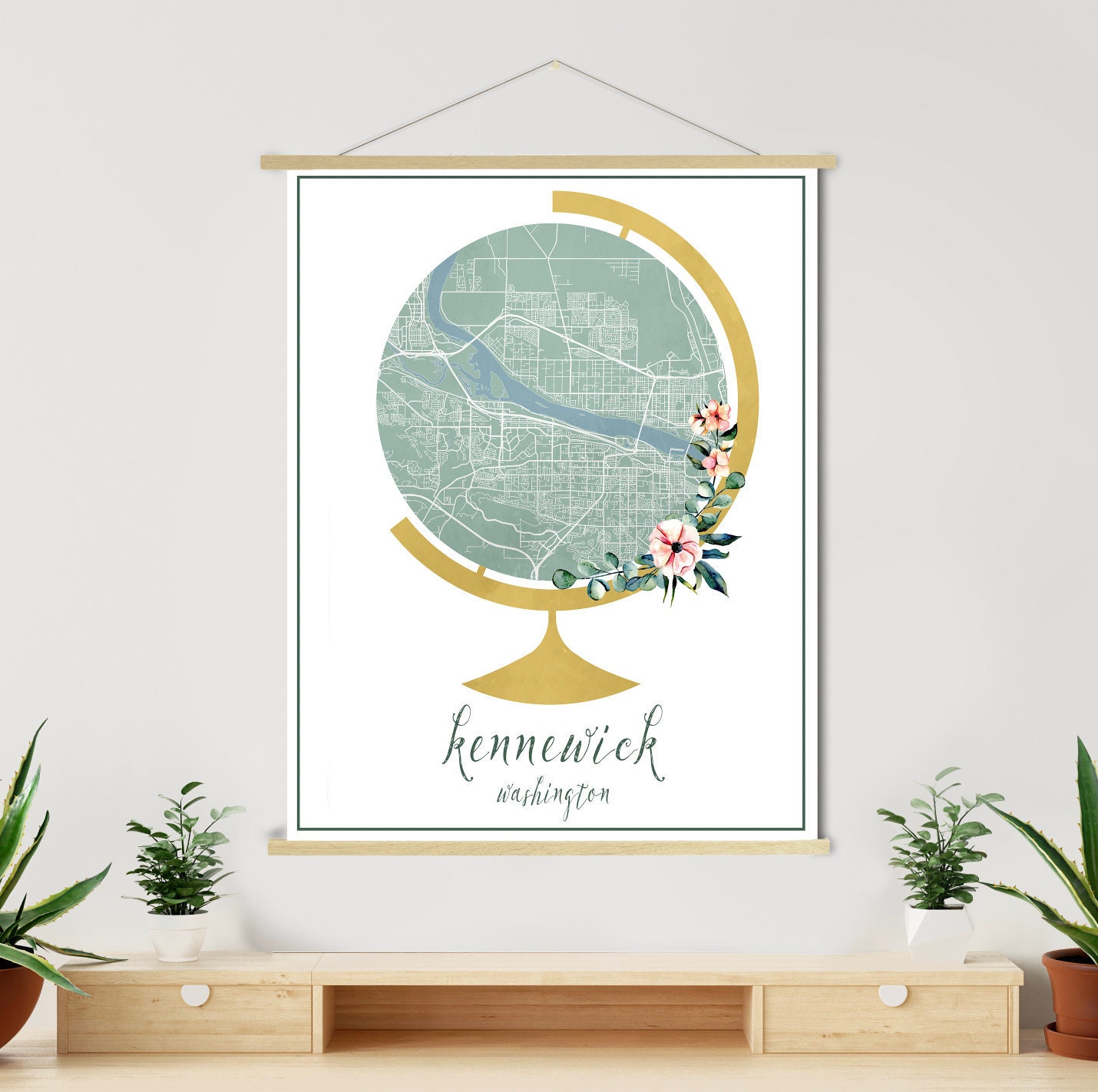 Kennewick Washington Globe Street Map | Hanging Canvas Of Printed Marketplace