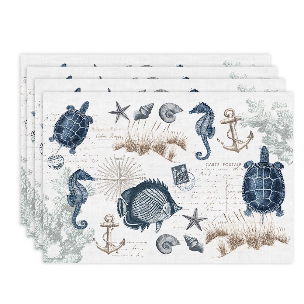 Laural Home Seaside Postcard Place Mat Set Polyester in Blue | SP1319PM