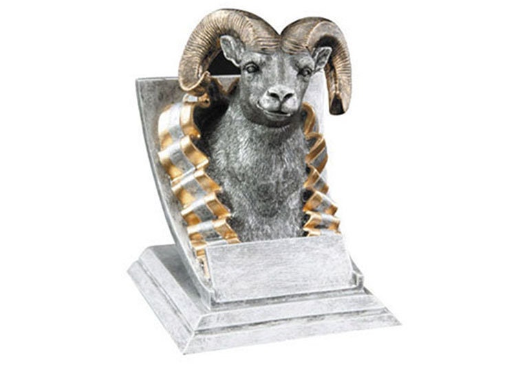 Ram School Mascot Trophy - Silver & Gold Rams Award By Decade Awards