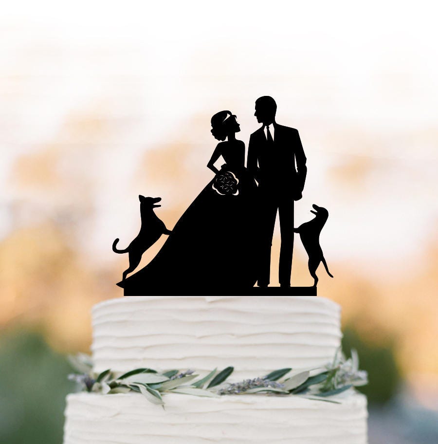 Wedding Cake Topper With 2 Dogs, Bride Hair Up & Bowl Dress Two Dogs Jumping, Funny Wedding Cake Toppers Silhouette