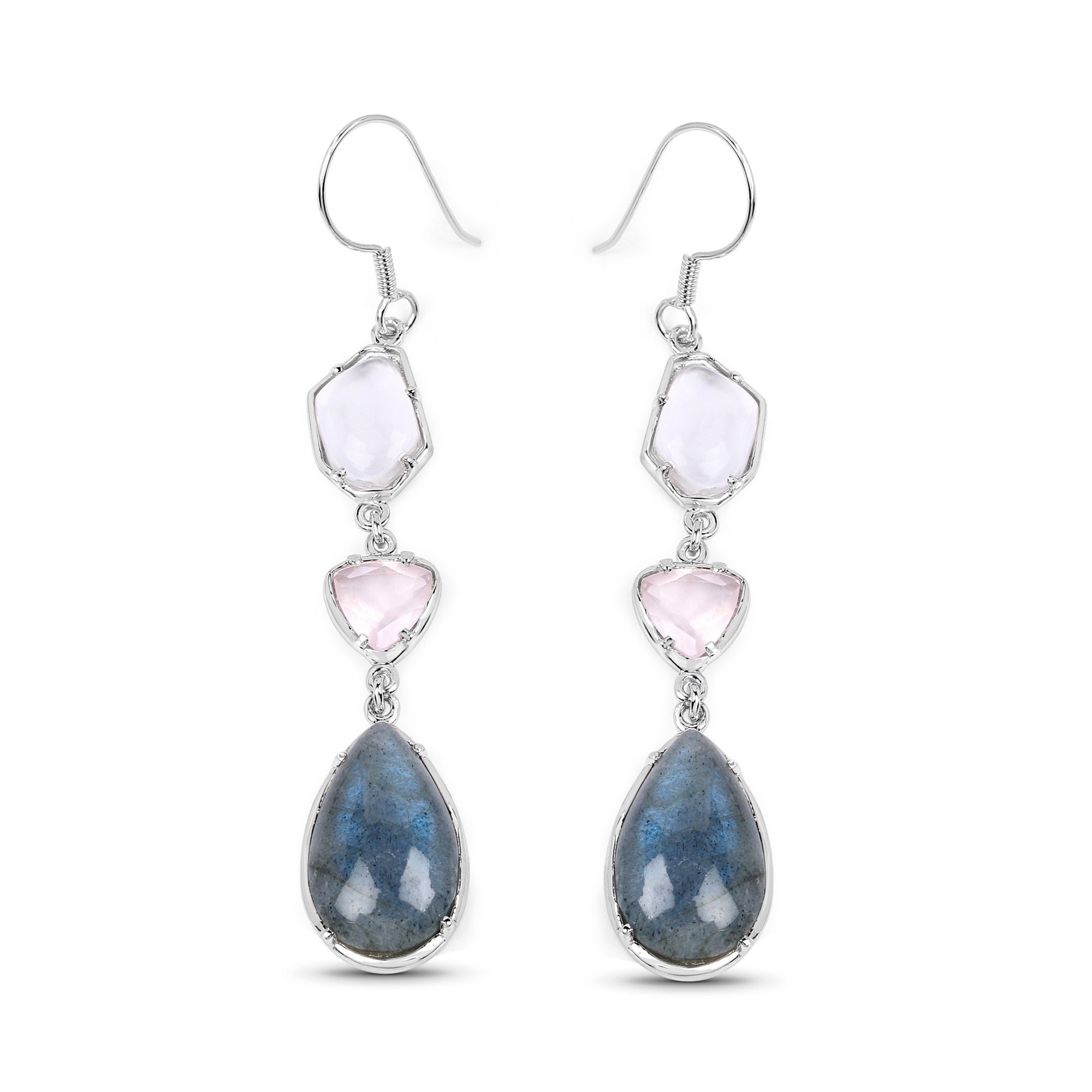 Natural Labradorite, Crystal Quartz & Rose Dangling Earrings in .925 Sterling Silver, Gift For Sweet 16, Bridesmaid Gifts