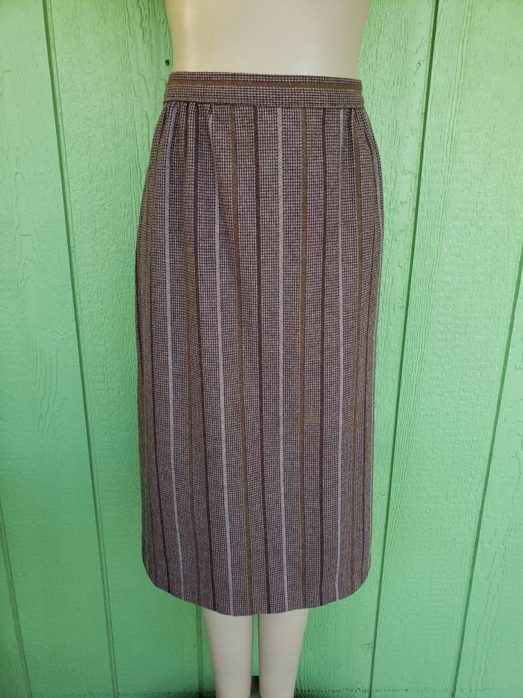 Vintage Striped Wool Blend Pencil Skirt | Brown Houndstooth & Secretary 32 Waist