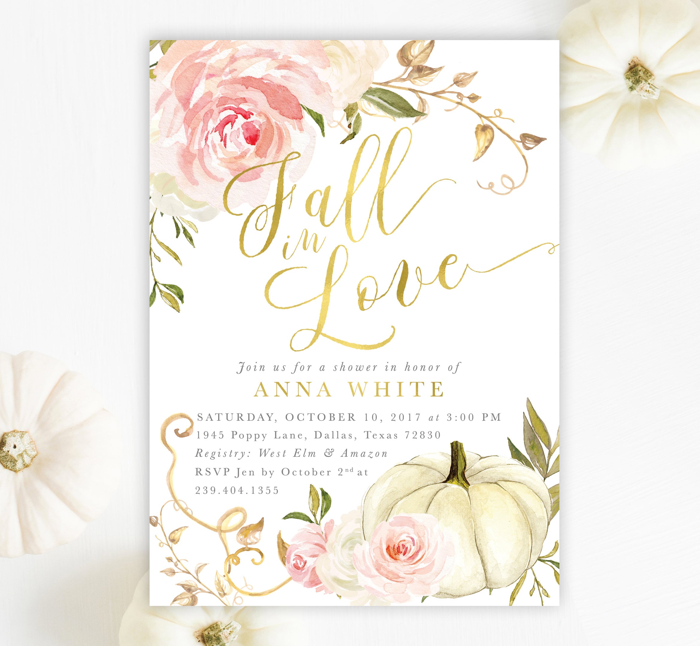 Fall Bridal Shower Invitation in Love, Autumn Invite, White Pumpkin & Pink Roses, Printed Or Printable - 11