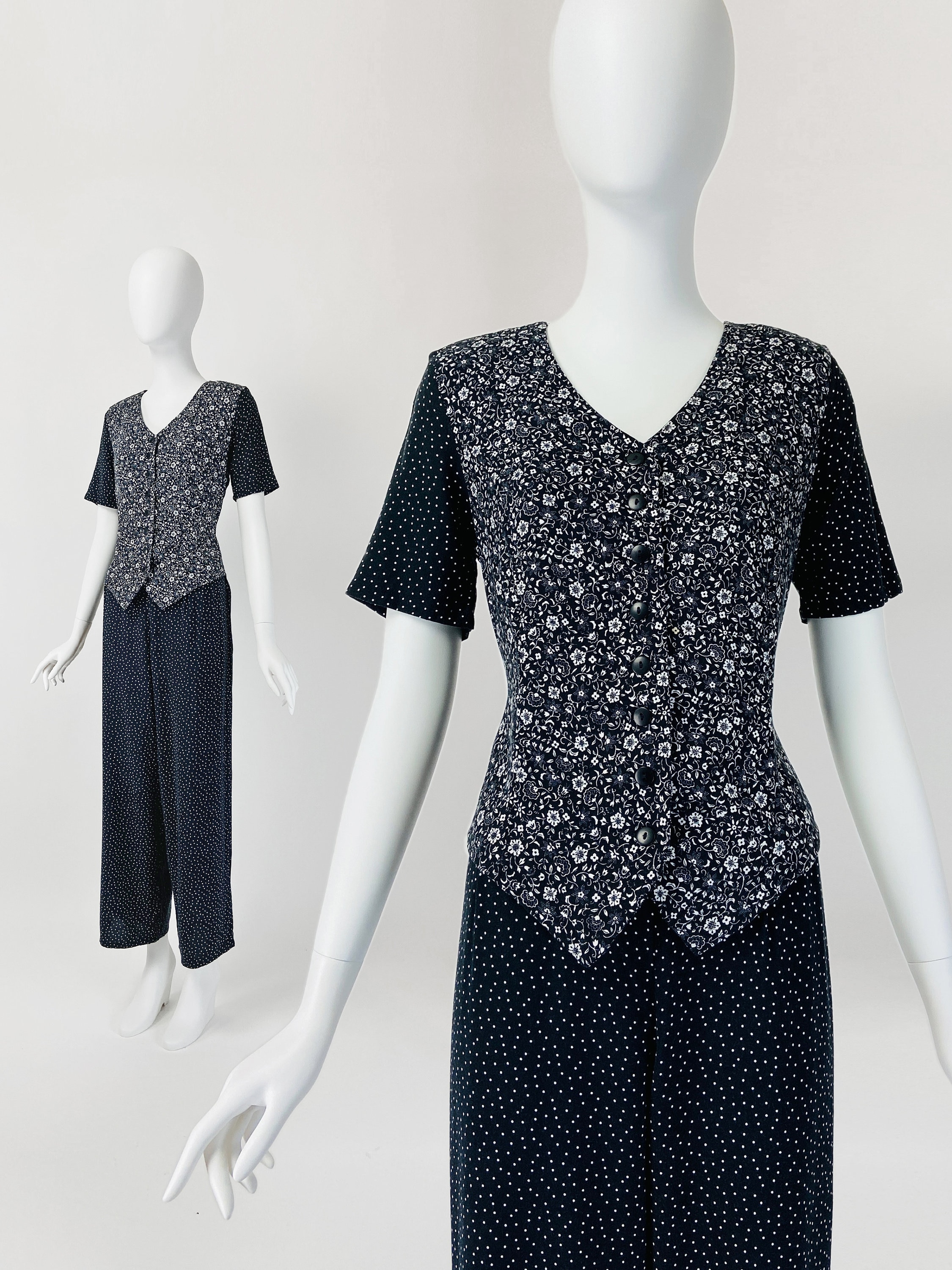 Vintage 90S Jumpsuit, 80S Floral Print Pantsuit, Co Ord Set, Rayon Small Size 4 6 Us, 8 10 Uk, W144