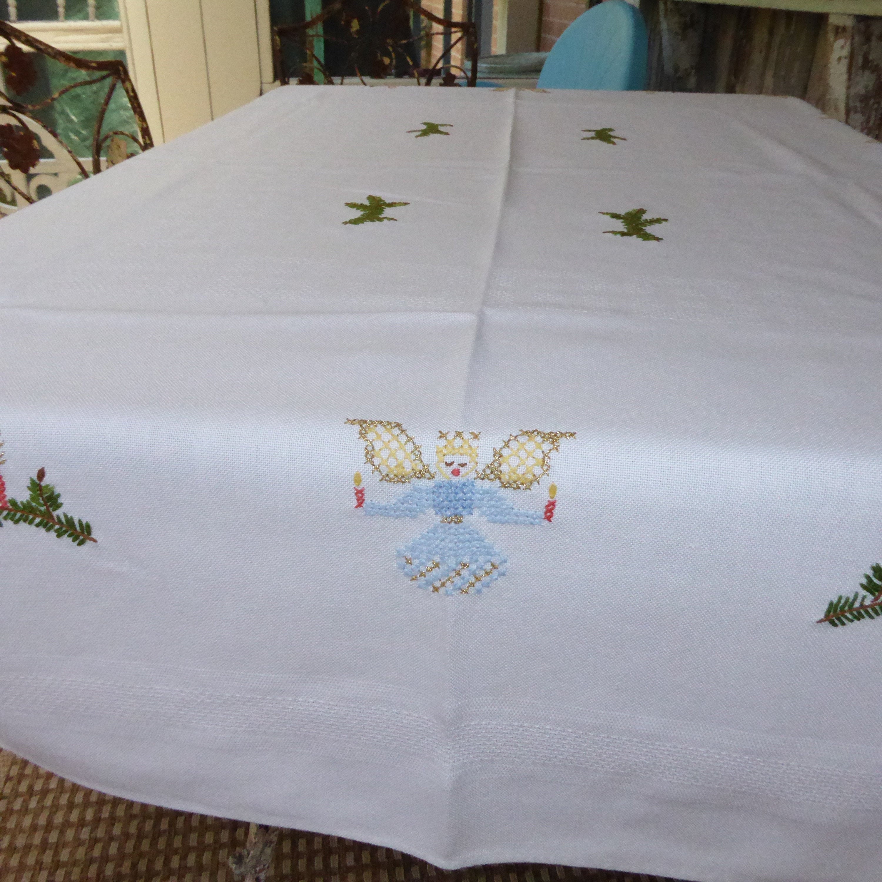 Vtg Heavy Easy Care Cotton Blend Embroidered Tableloth Christmas Angel Branch W/Candle 60"L X 46"W"