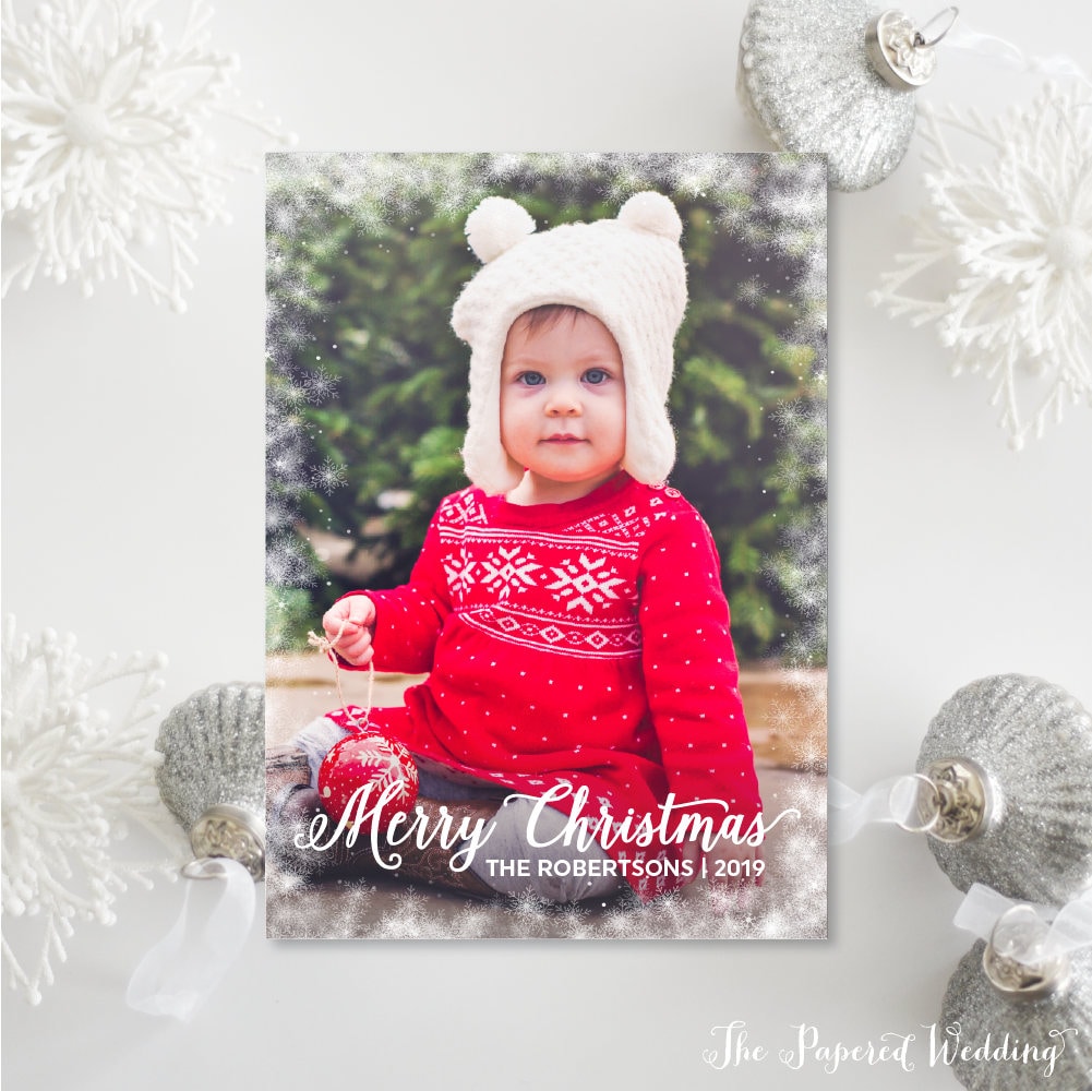 Printable Or Printed Snowflake Photo Christmas Cards - White Border Merry Portrait Picture Holiday 055 P1