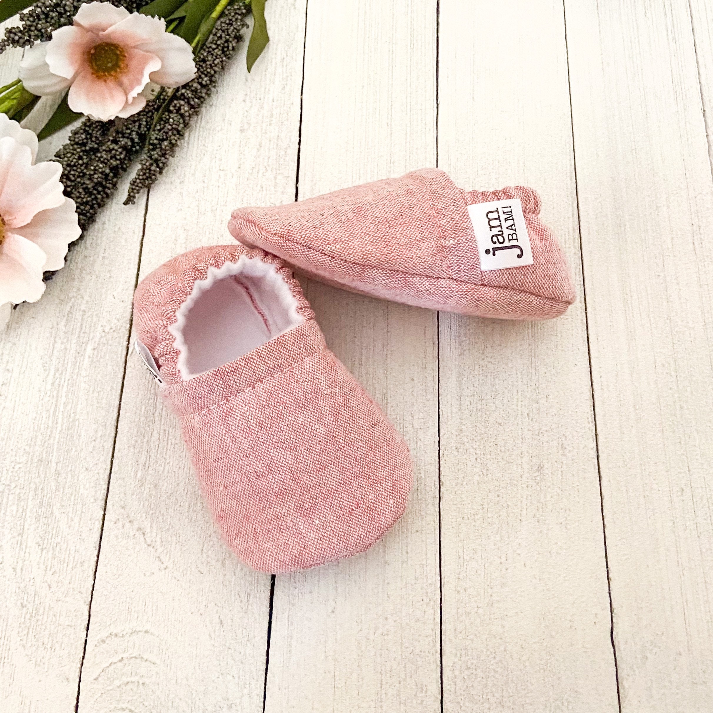 Raspberry Linen Blend Baby Booties, Slippers, Crib Shoes, Soft Sole, Moccasins, Shoes