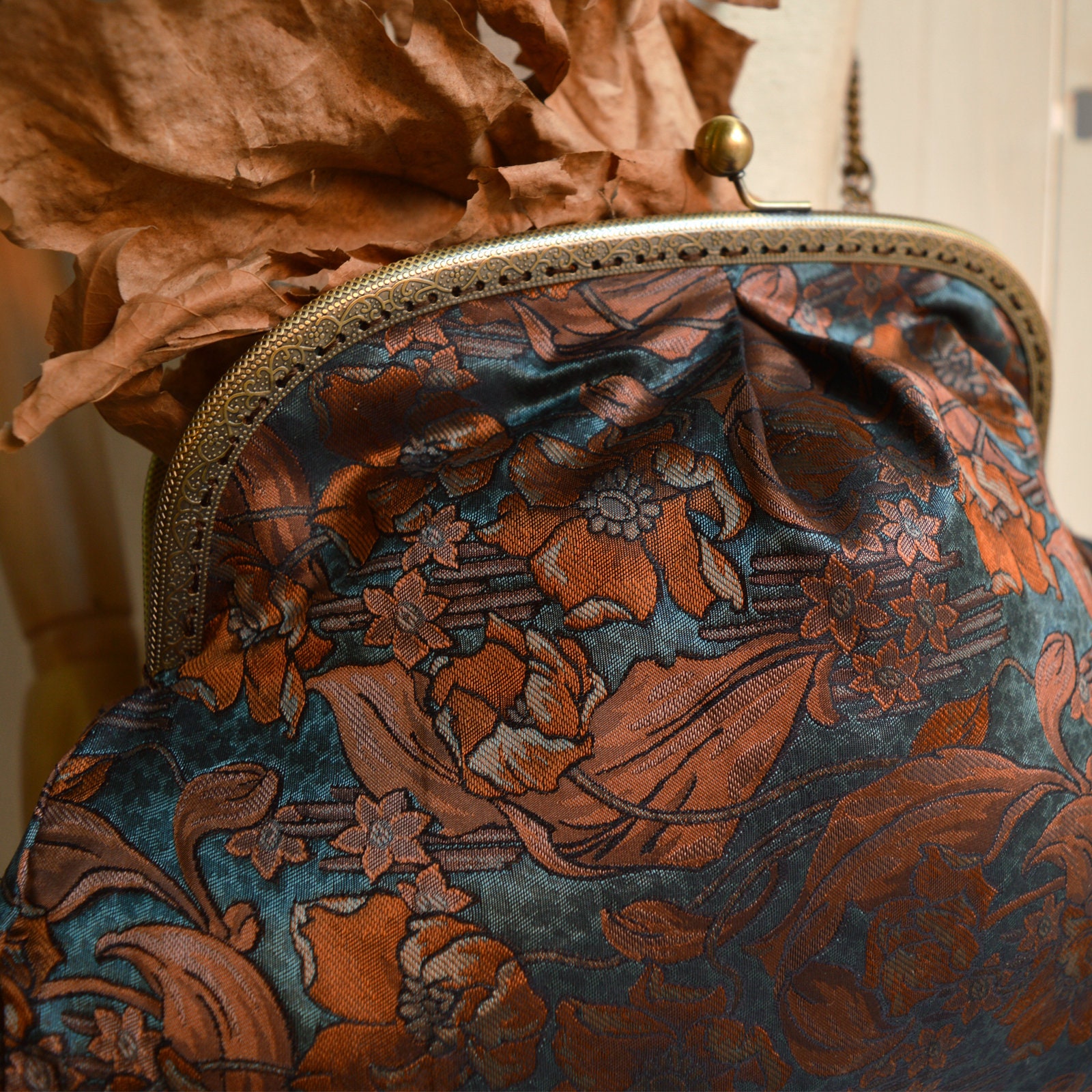 Women's Handbag in Silk & Viscose Blend. Floral Print, Brown Flowers, Autumn Flowers Design, Elegant Handbag, Evening Bag, Clutch Bag