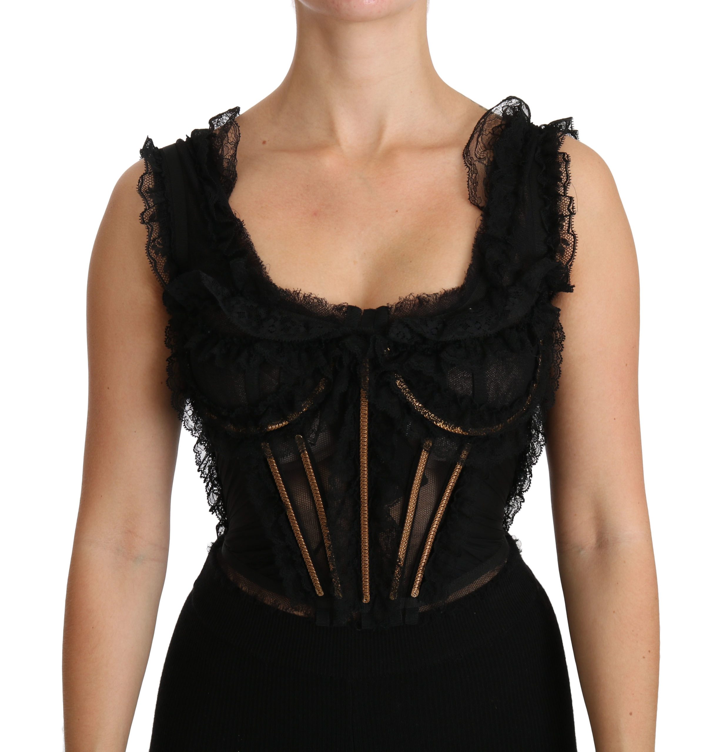 Black Lace Sleeveless Corset Blouse Cotton Top - IT38|XS