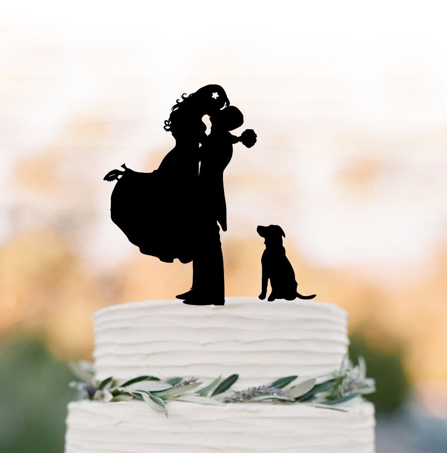 Funny Wedding Cake Topper With Dog, Groom Kissing Bride Silhouette Cake Topper. Unique Wedding Topper, Pet