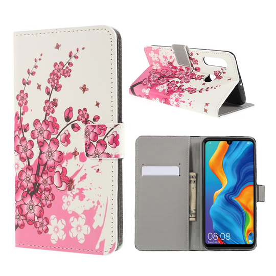 Huawei P30 Lite konstläderfodral med tryck - Persikoblommor