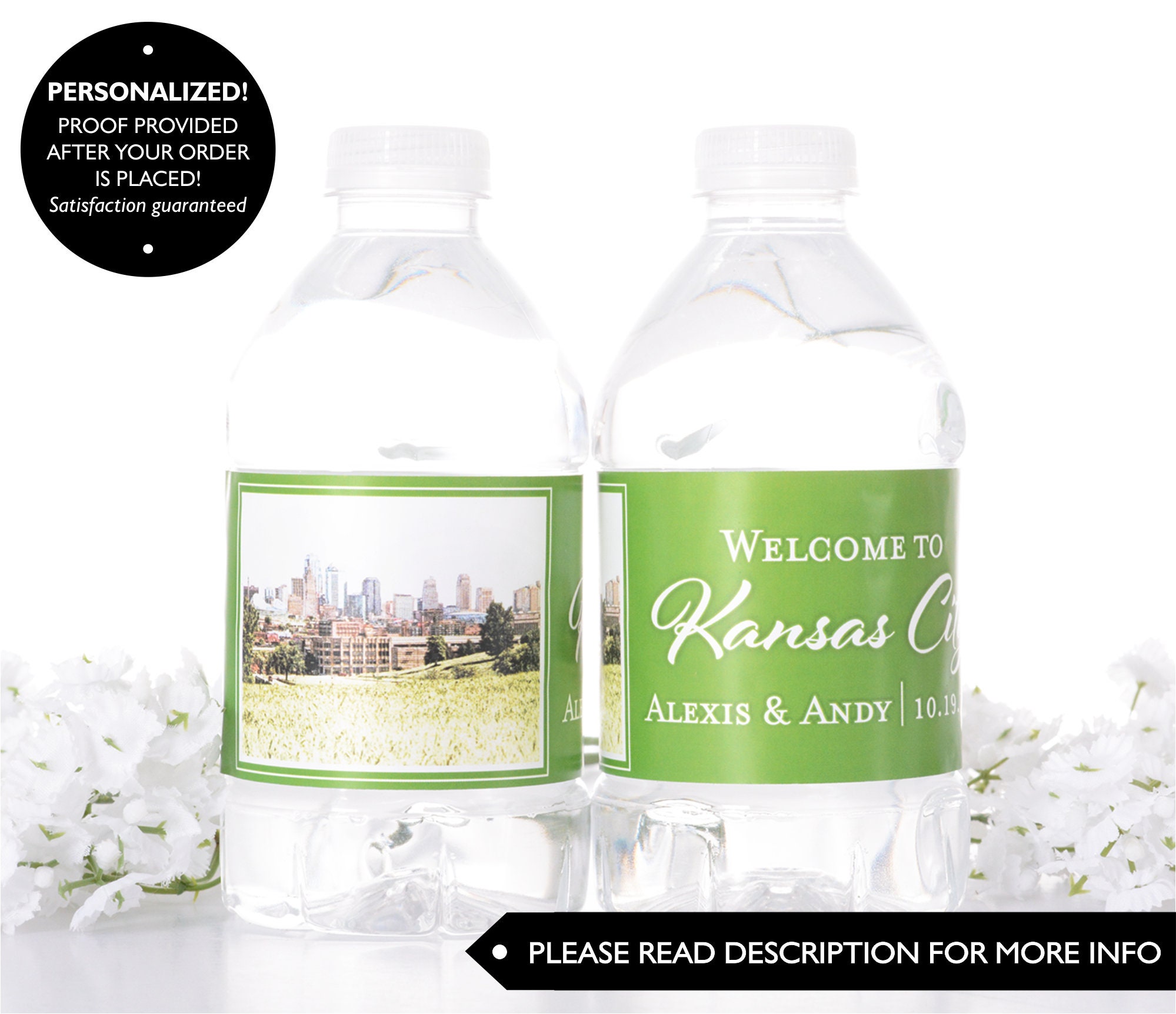 Kansas City Skyline Water Bottle Labels - Waterproof Wedding Cityscape Stickers Bottled Label