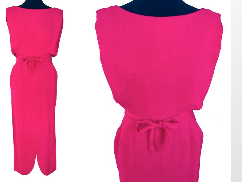 60S Hot Magenta Linen Blend Midi Dress, Jackie O First Lady Style Summer Sleeveless Boat Neck Sheath Hourglass Formal Party Bow Dress