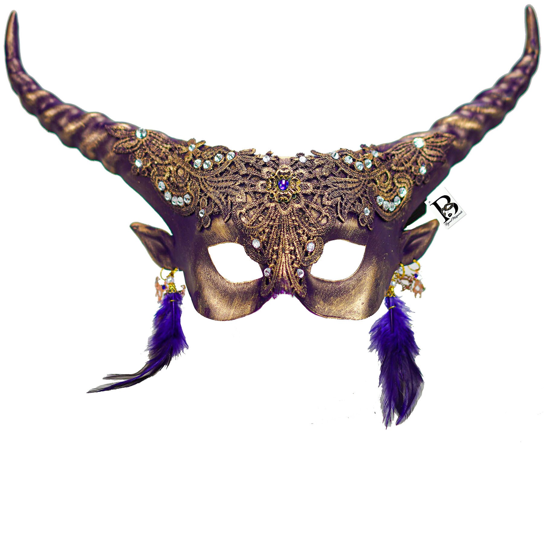 Purple Horns Halloween Masquerade Masks, Forest Fairy Antlers Ram Headband Mask, Costume Feather Earrings, Cosplay