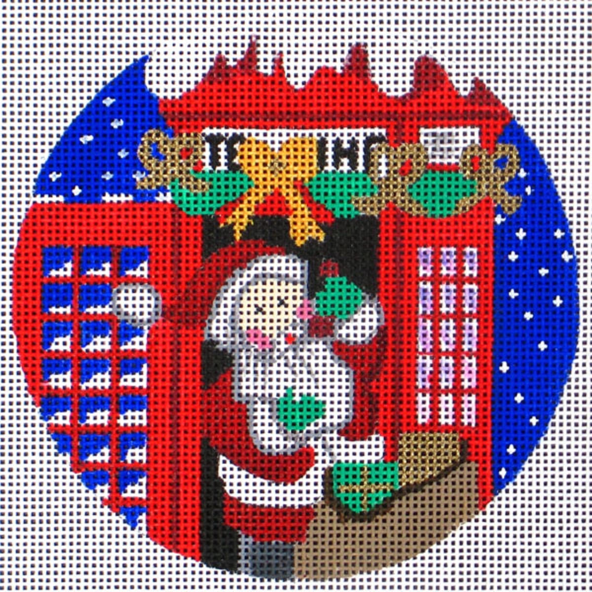 Needlepoint Handpainted Canvas Amanda Lawford Christmas Santa Phone Booth Ornament -Free Us Shipping