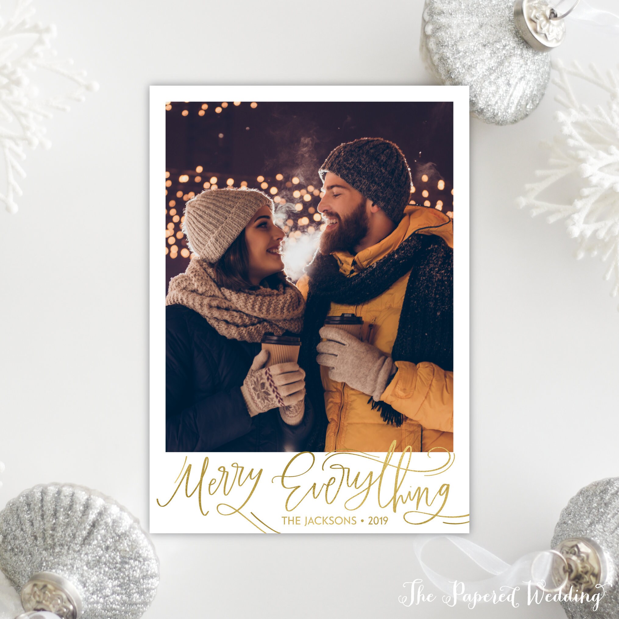 Printable Or Printed Merry Everything Photo Holiday Cards in Faux Gold Foil - One Picture Christmas Cards, 058 P1