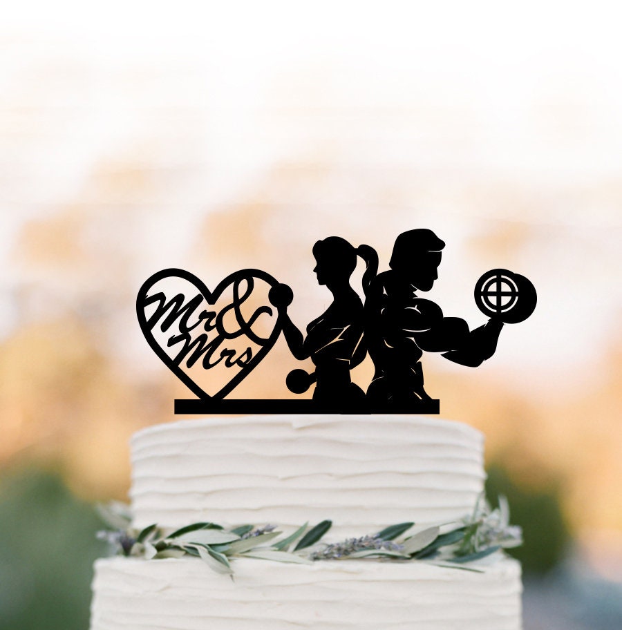 Body Builders Cake Topper, Mr. & Mrs. Wedding Cake Topper Weight Lifters Wedding Couple Silhouette Topper, Lifting