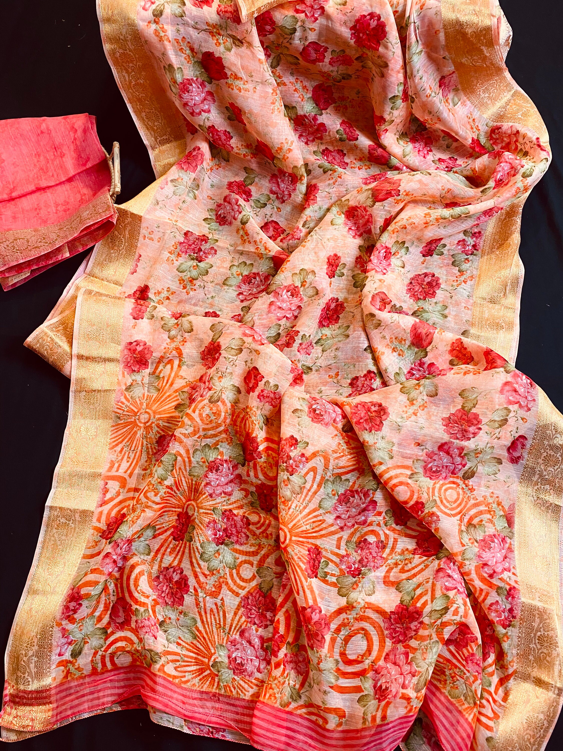 Floral Peach Linen Blend With Banarasi Kora Saree Borders | Print Kaash Collection