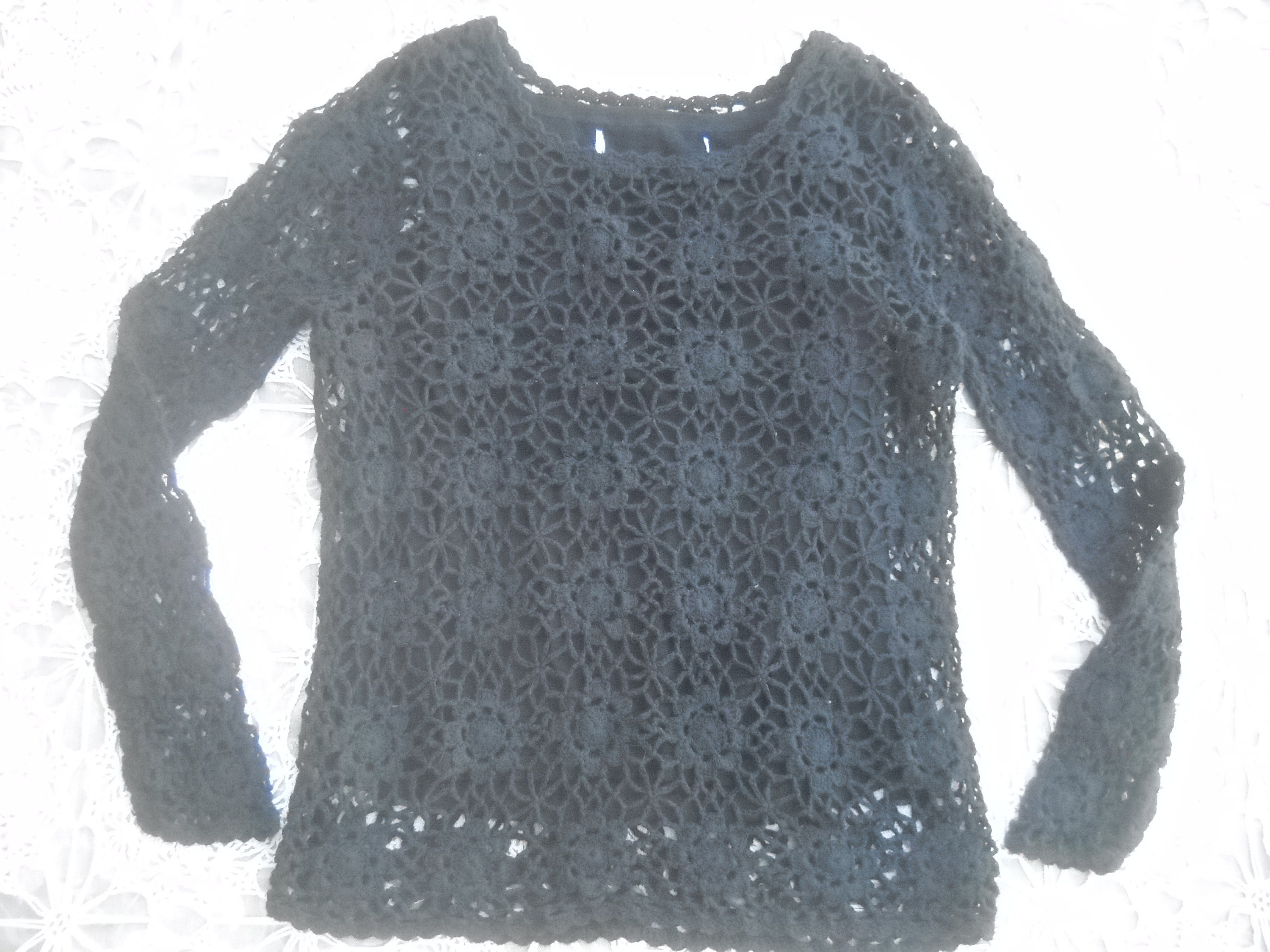 Black Crochet Sweater, Cotton Blend, Size Small, Nicely Lined, Hand Crochet, Features Scalloped Edfing Around Neck, Wrists & Hemline