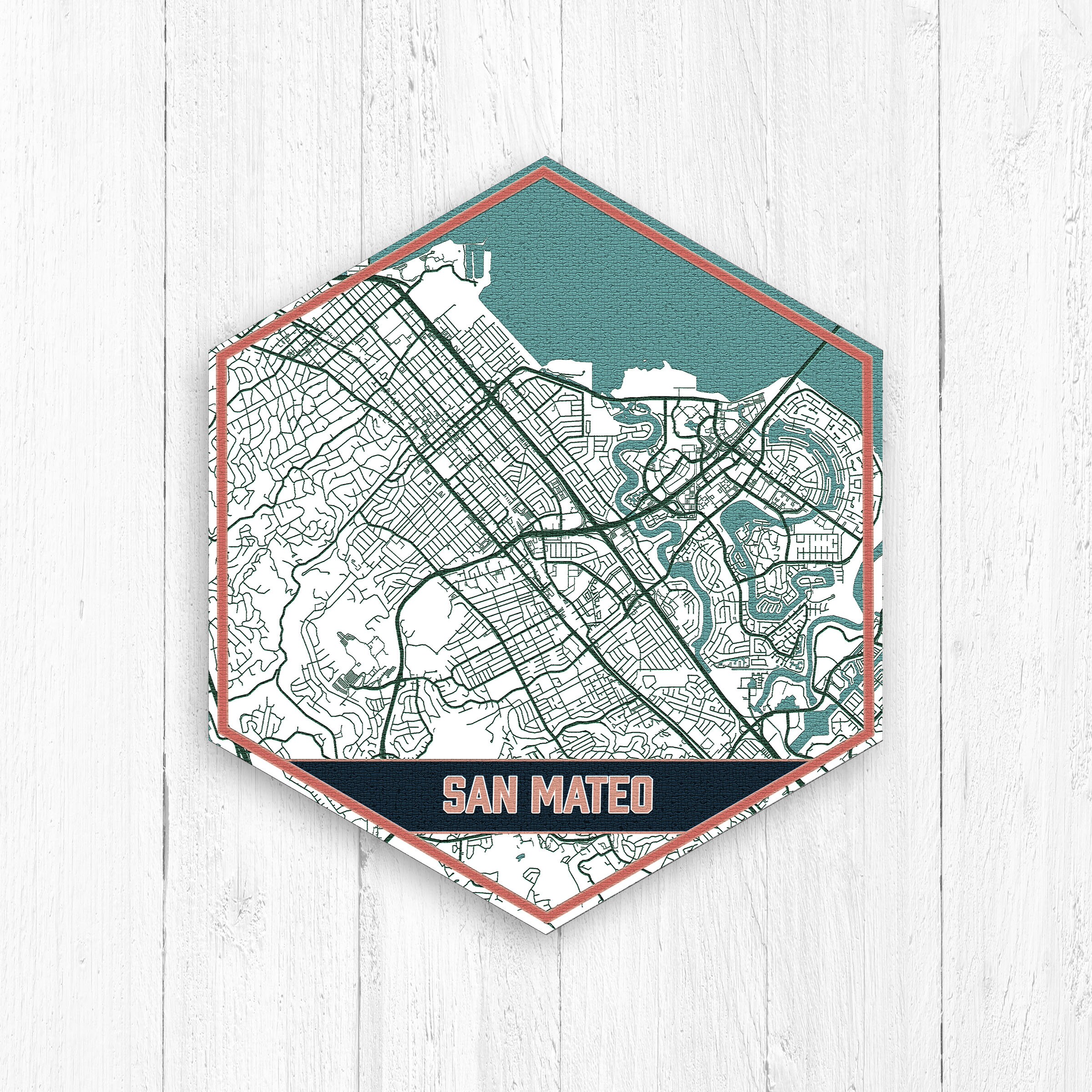 San Mateo California Map, Hexagon Canvas, Travel Collection, Map Of Mateo, Street Print, Urban Style Print