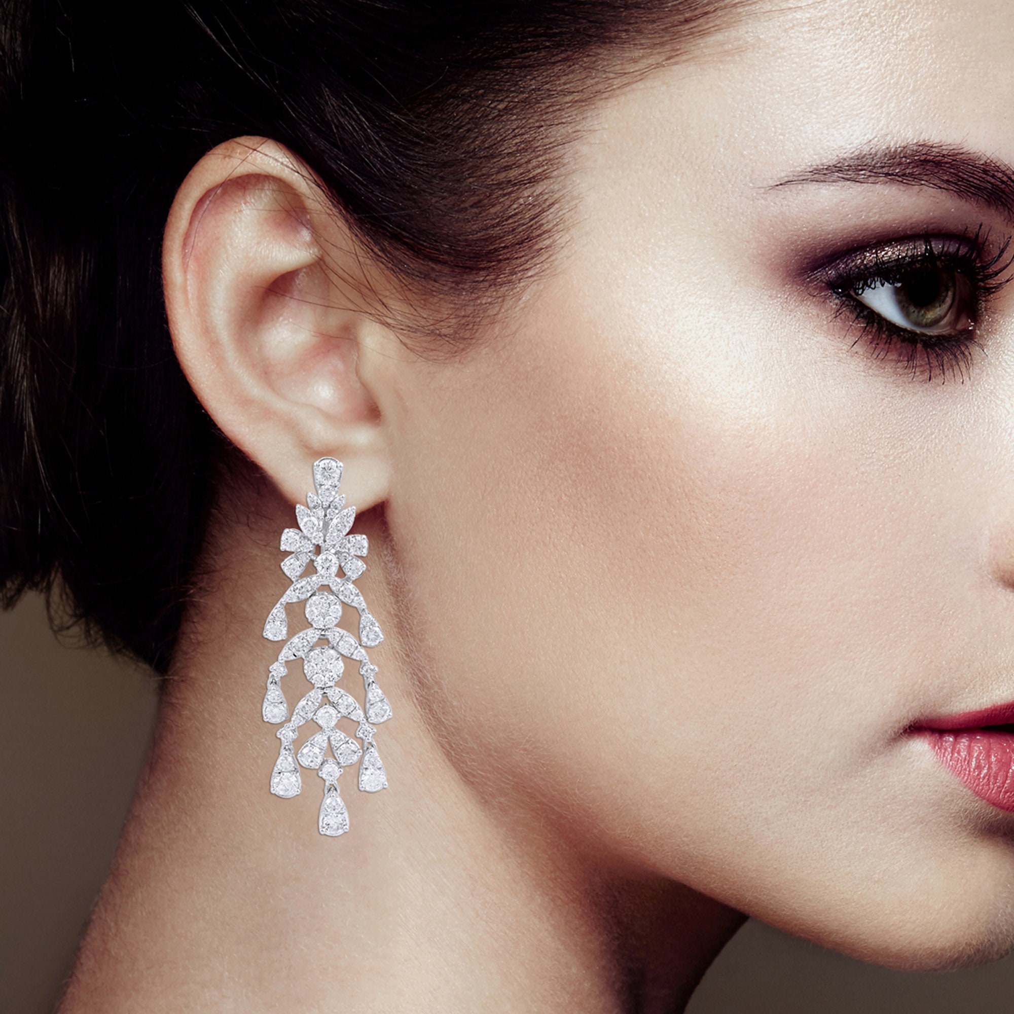 Si Clarity Hi Diamond Chandelier Earrings, Natural Earrings Art Deco Solid 14K White Gold
