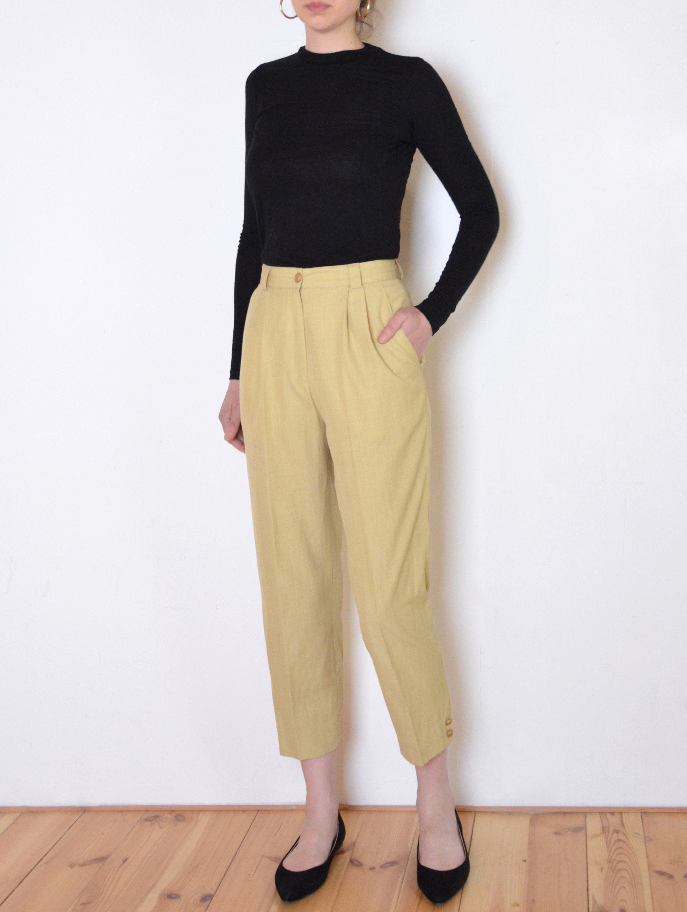 90's Beige Wool Blend Pants, Yellow High Waisted Minimalist Preppy Retro Cropped Small