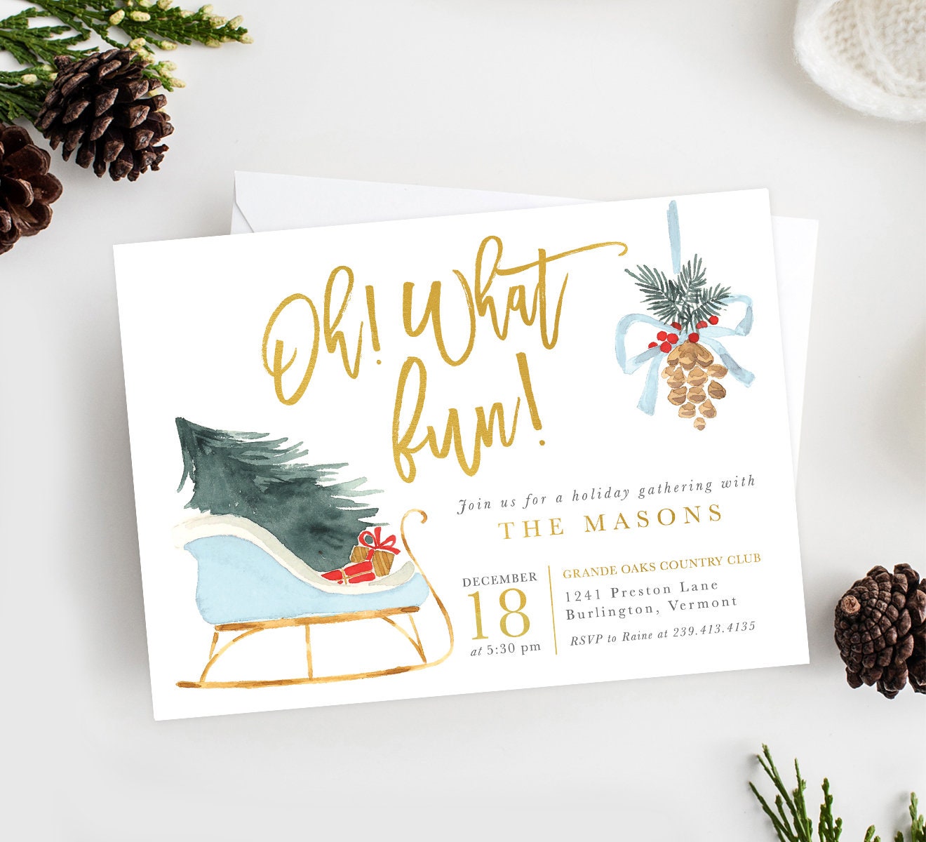 Oh What Fun Blue Holiday Party Invitation, Christmas Invites, Winter Sleigh, Trees, Printed/Digital - 31