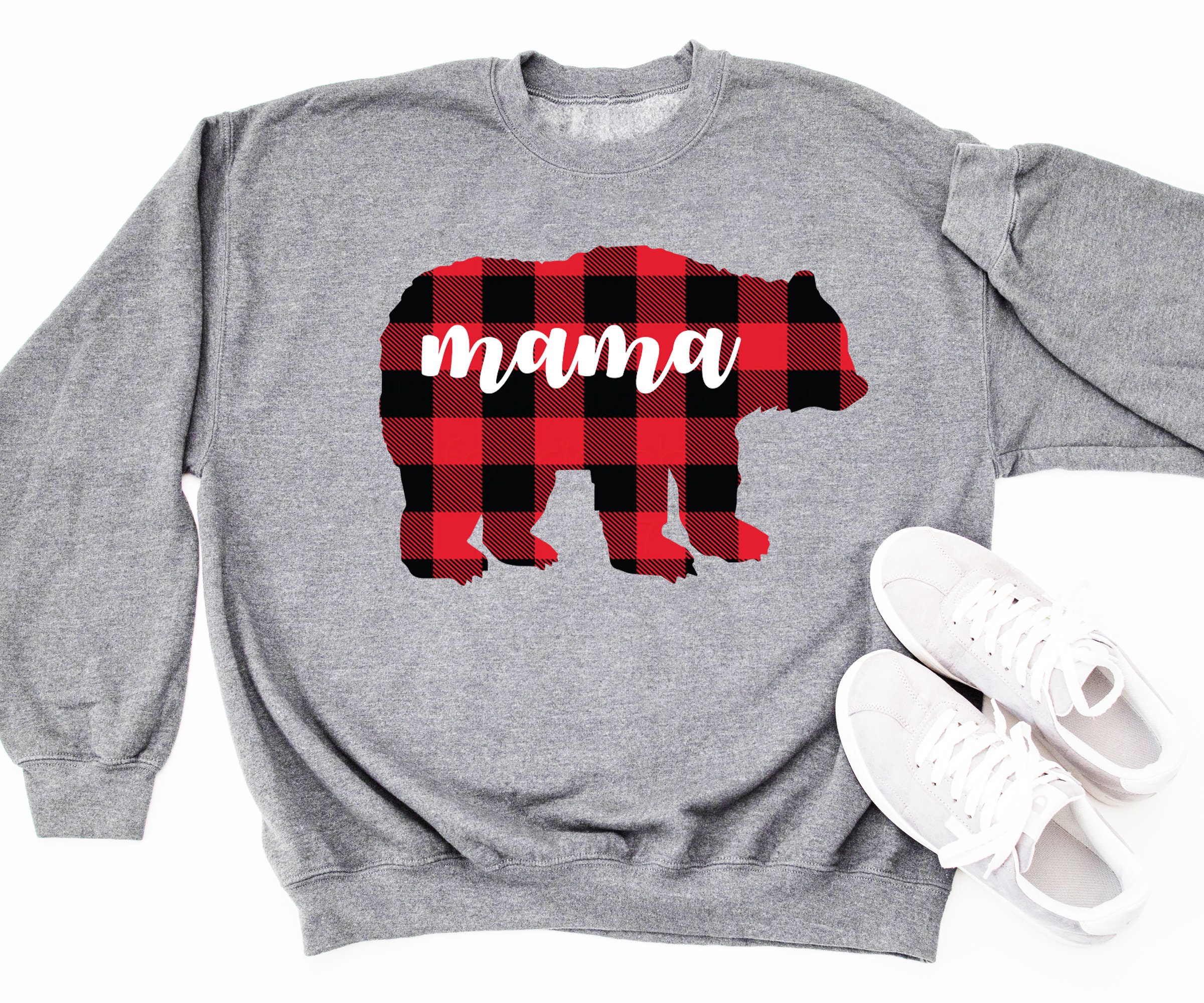 Screen Printed Mama Bear Buffalo Print Plaid Sweatshirt Christmas Sweater Fast Free Shipping