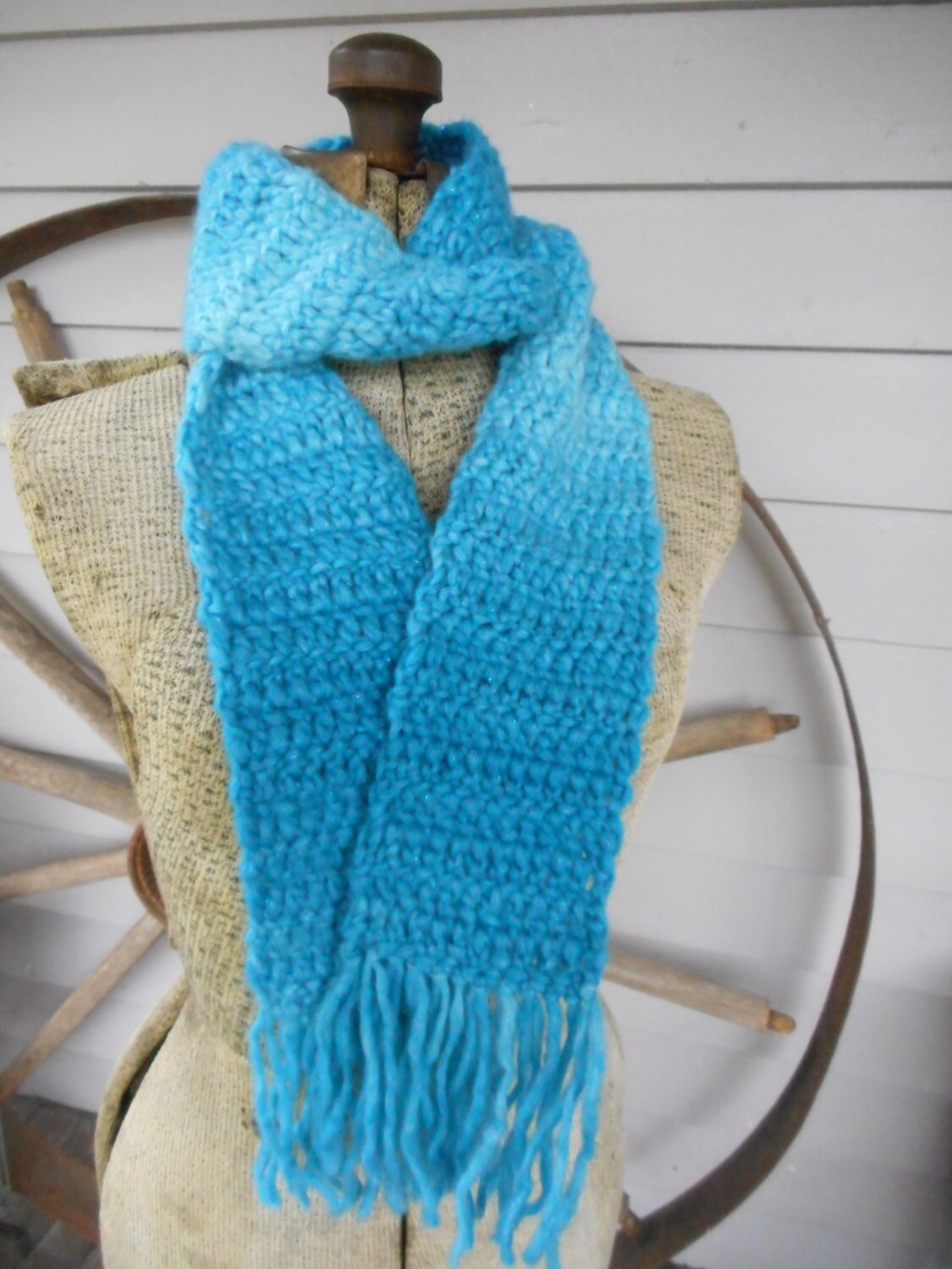 The Oasis Wool Blend Scarf. Handmade Crochet Boho Ombre Turquoise Ocean Blue Soft Fringe Neck Wrap Acrylic, Polyester, & Nylon