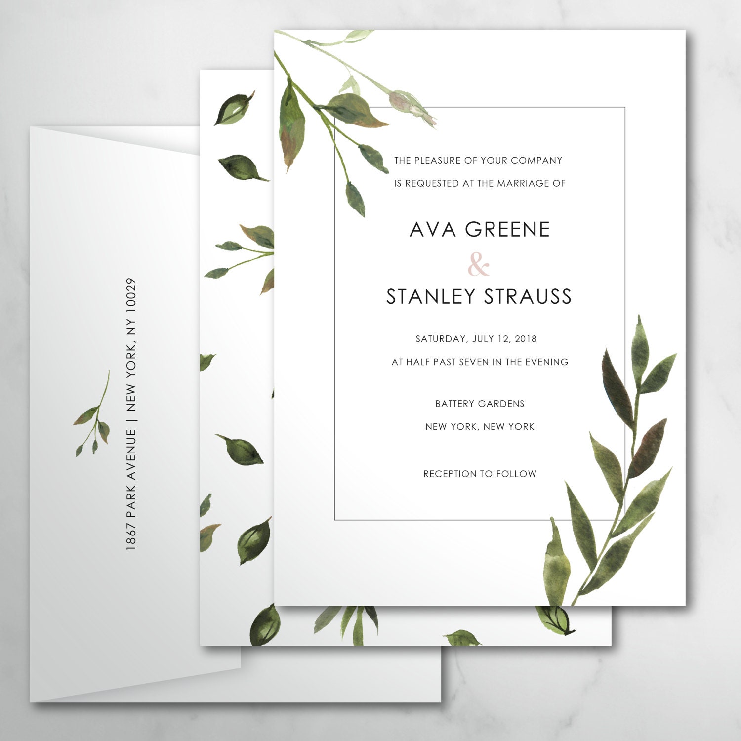 Ava Botanical Wedding Invitations, Custom Leaves, Printable Invitation, Printed Invite, Modern Greenery, Green