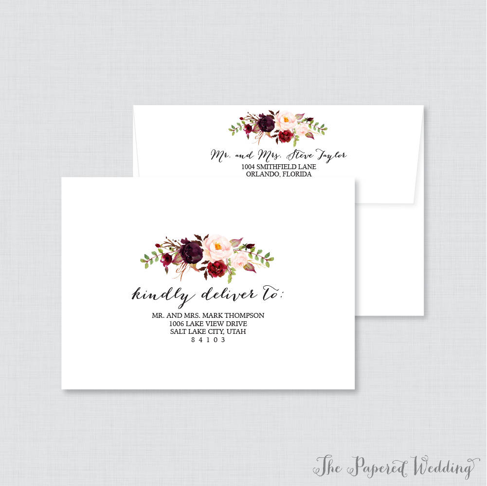 Pink & Marsala Wedding Envelopes - Printed With Burgundy Flowers with Rustic Calligraphy Custom 0006