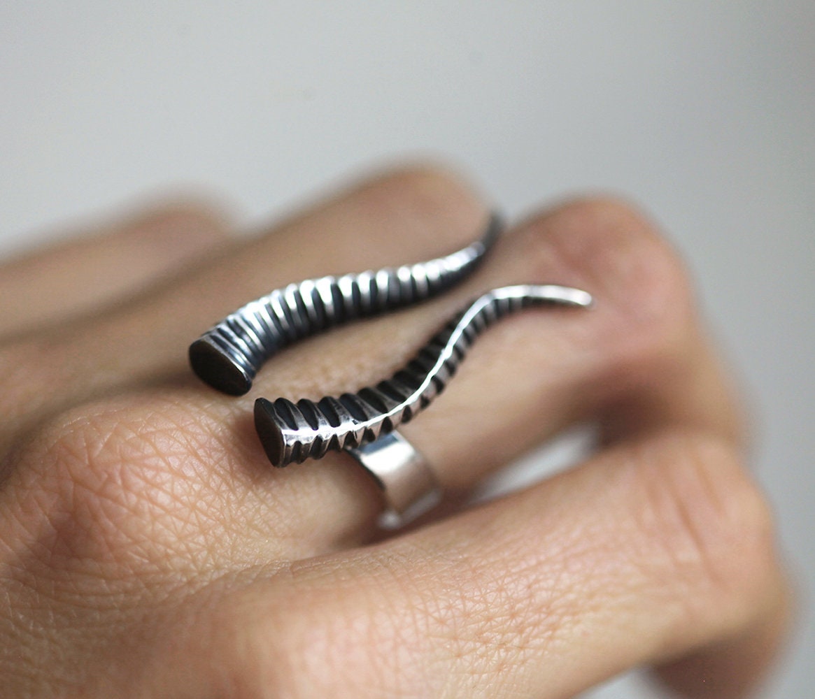 Ram Horn Ring, Statement Capricorn Open Double Band in Sterling Silver, 4K Or 18K Solid Gold