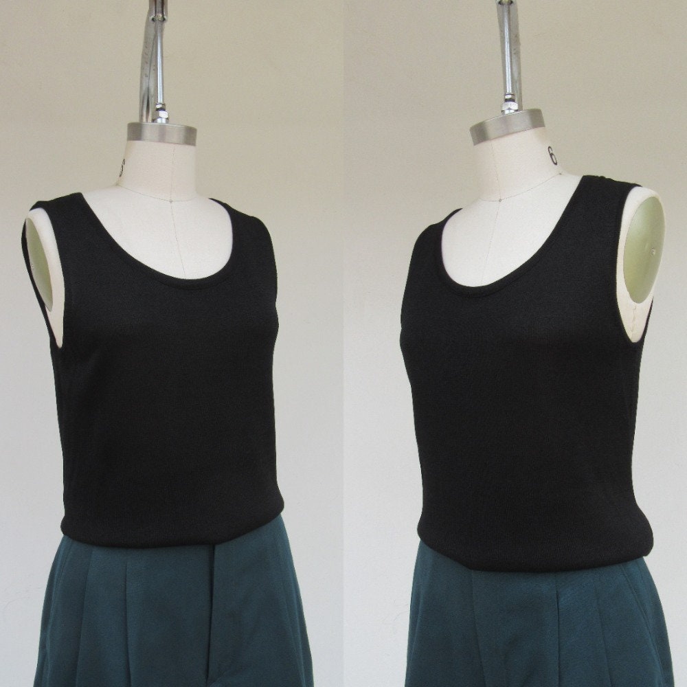 90S Weighty Knit Rayon Nylon Blend Black Minimalist Top Blouse Shirt | Sleeveless Singlet Shell Tank S
