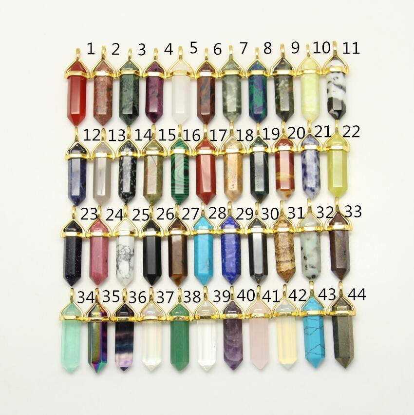 44 Stones Choice, 3-10Pcs 12x40mm Bulk Faceted Hexagon Point Pendants, Plated Gold Bails Stick Spike Loose Beads Craft Necklace Findings