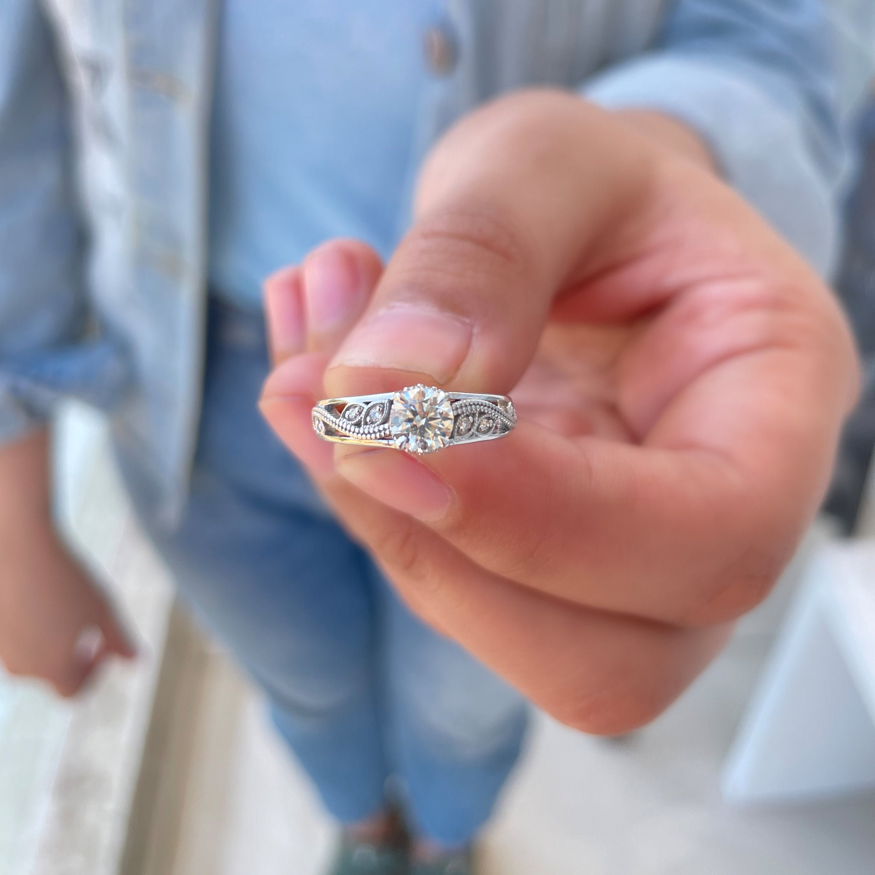 1/2 Ct Solitaire Diamond Ring, Milgrain Engagement Vintage Side Stone Ring