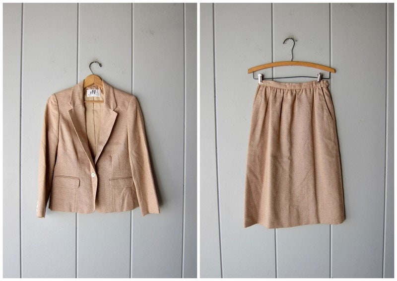 80S Natural Flax Blend Wool Suit | Matching Skirt & Jacket Set Modern Two Piece Working Girl Beige Blazer And