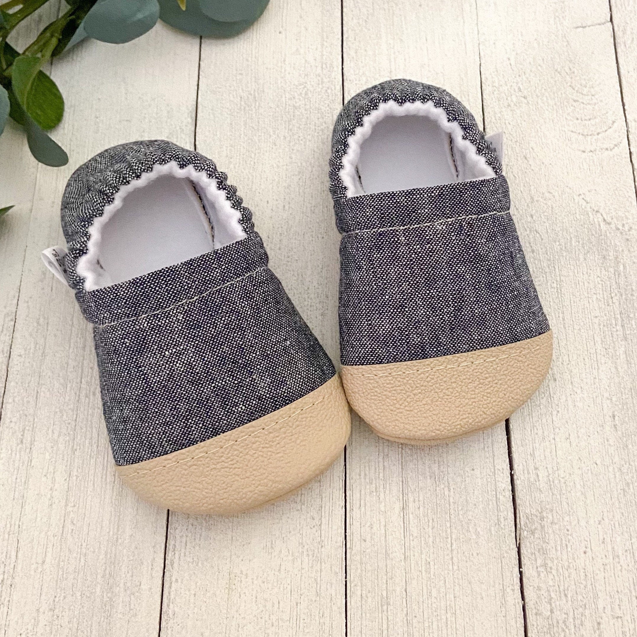 Blueberry Linen Blend Baby Booties, Slippers, Crib Shoes, Soft Sole, Moccasins, Shoes