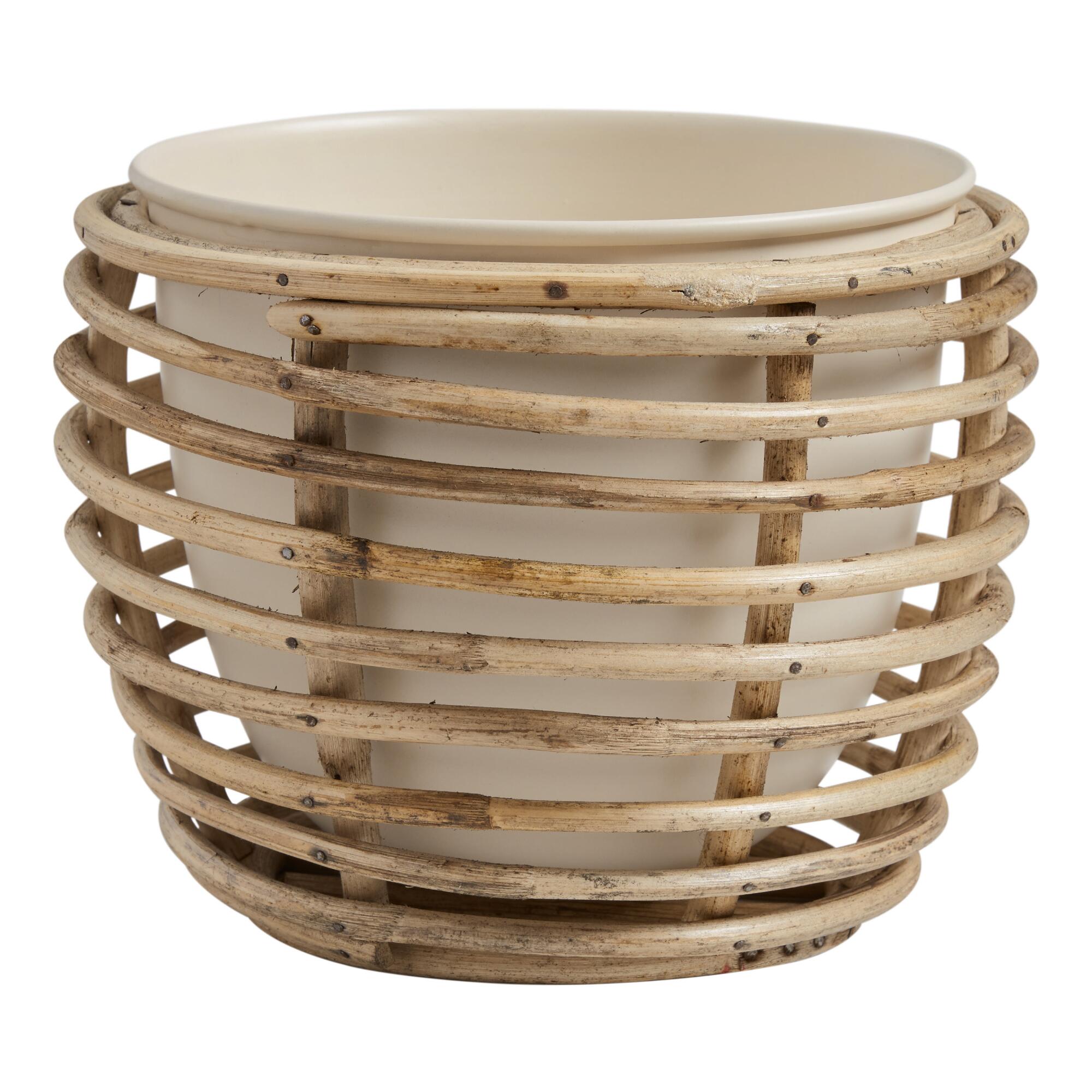 Ivory Metal Planter with Rattan Cane Stand by World Market