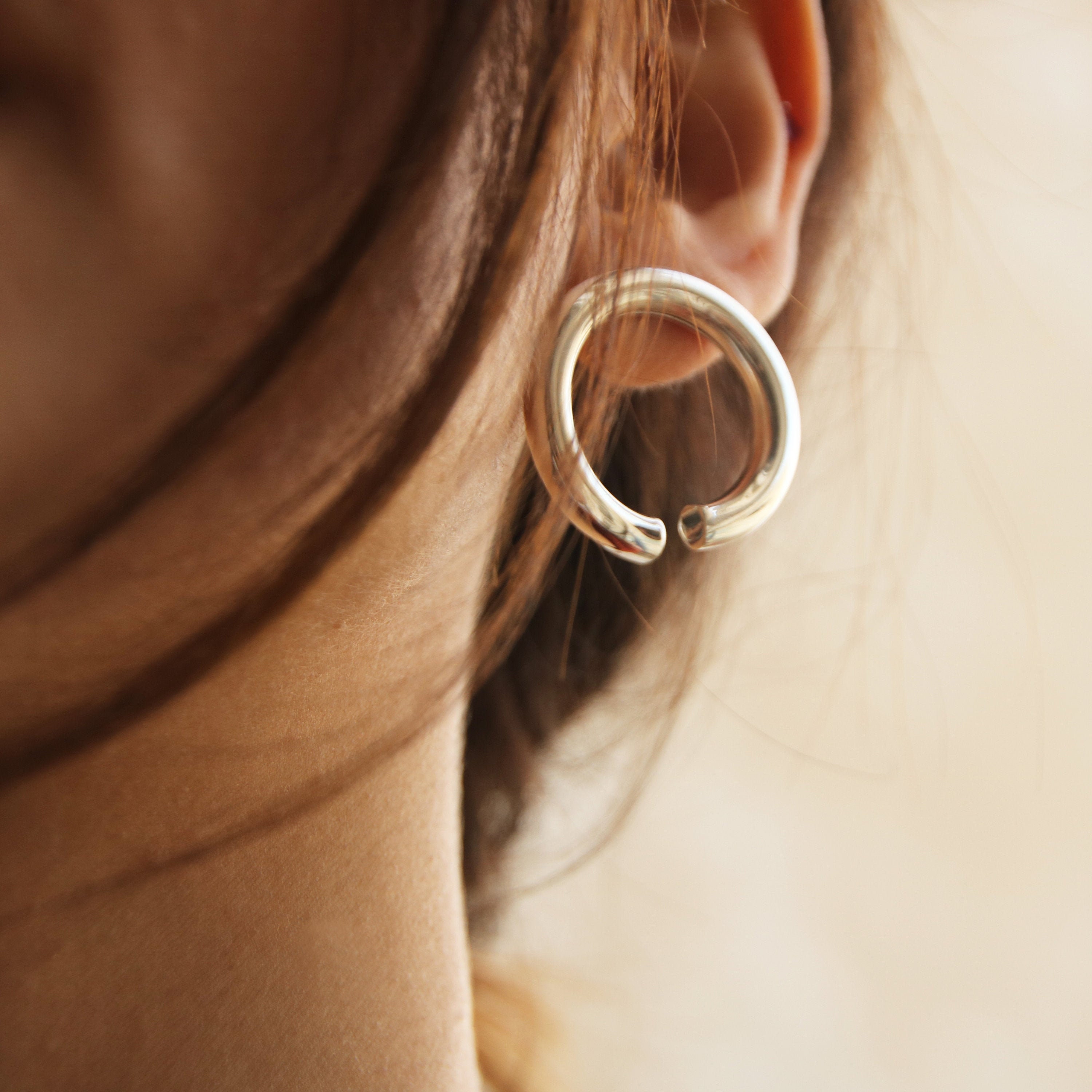 Shiny Silver Round Tube Stud Earrings, Minimalist Sterling Delicate Open Circle Earrings