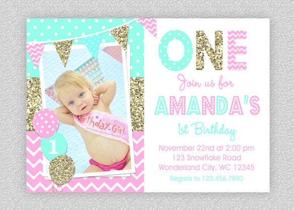 Pink & Gold Birthday Invitation, 1st Girls Party, Printed Party