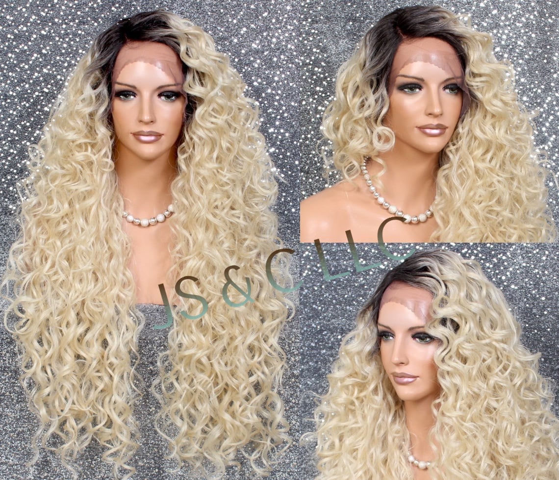 Human Hair Blend Full Lace Front Wig Extra Volume & Curly Untamed Wild Heat Safe Bleached Blonde With Dark Roots Side Parting
