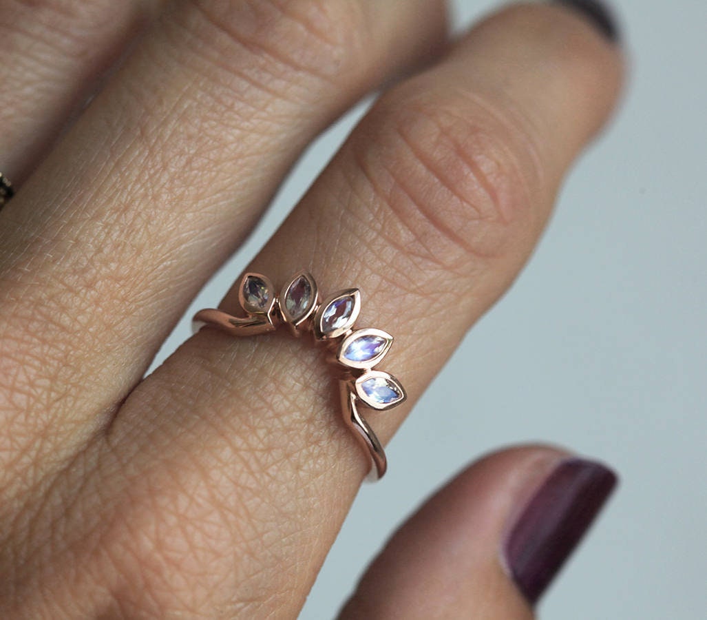 Rose Gold Rainbow Moonstone Wedding Band, Floral Ring in 14K Gold, Leaf Band