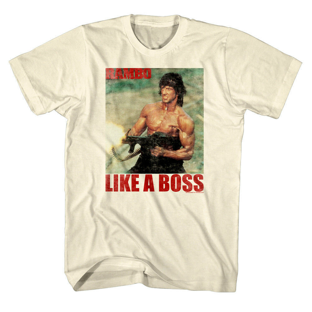 Rambo Like a Boss Mens T Shirt Stallone Big Gun Military Action Army Soldier Top