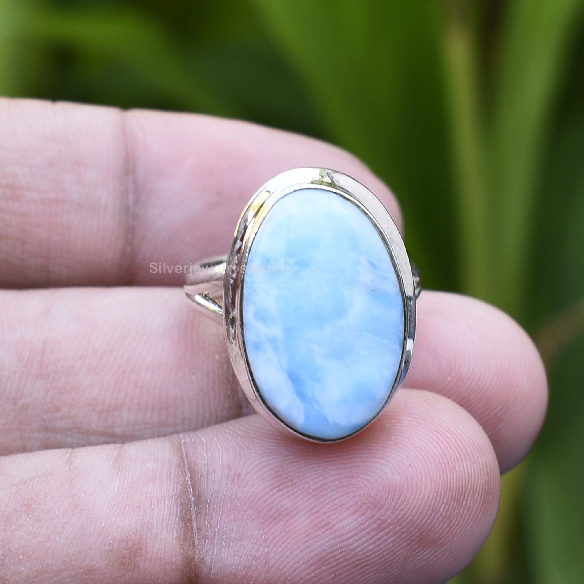 Natural Larimar Ring, 925 Sterling Silver 12x20mm Oval Shape Handmade Jewelry Size 6 Us, Etsy Ring